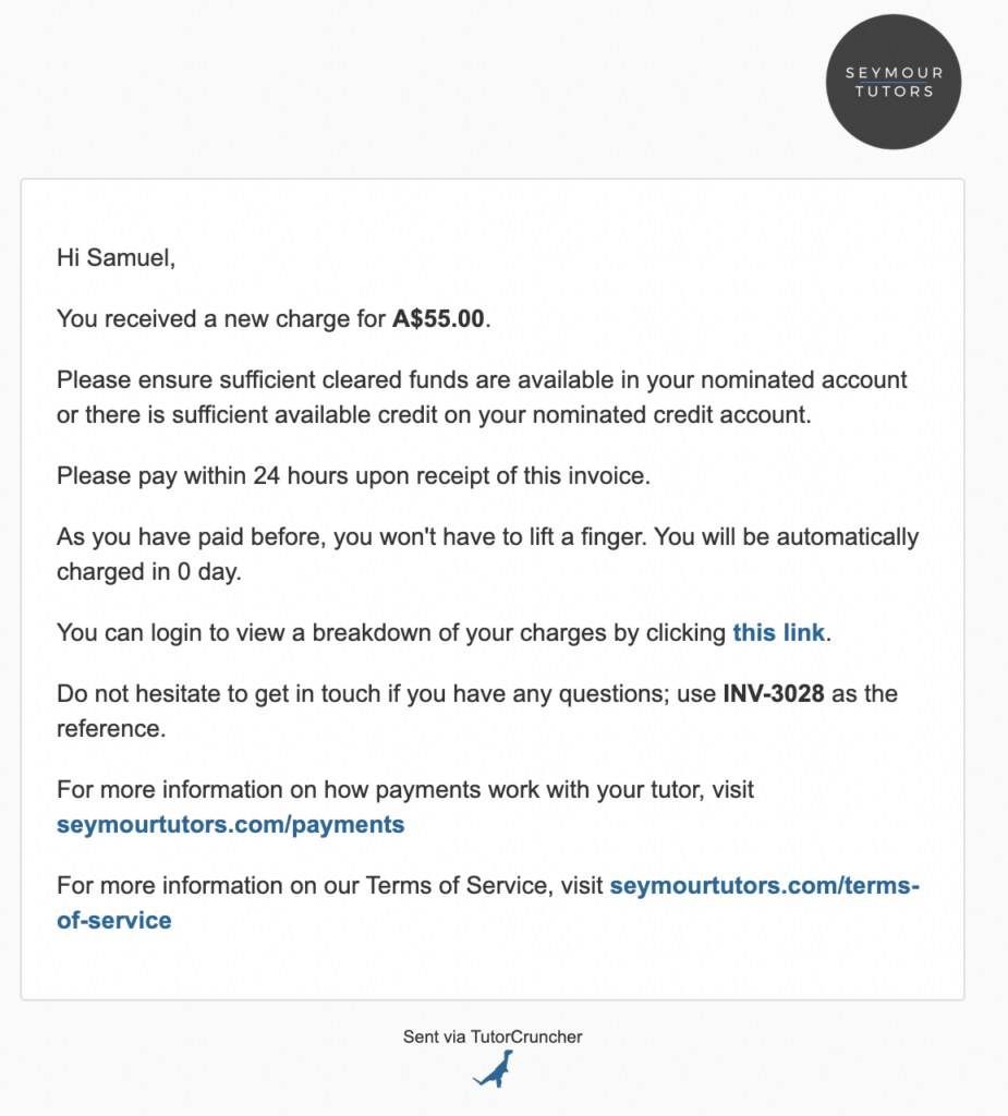 Screenshot of autocharge for Seymour Tutors Invoice